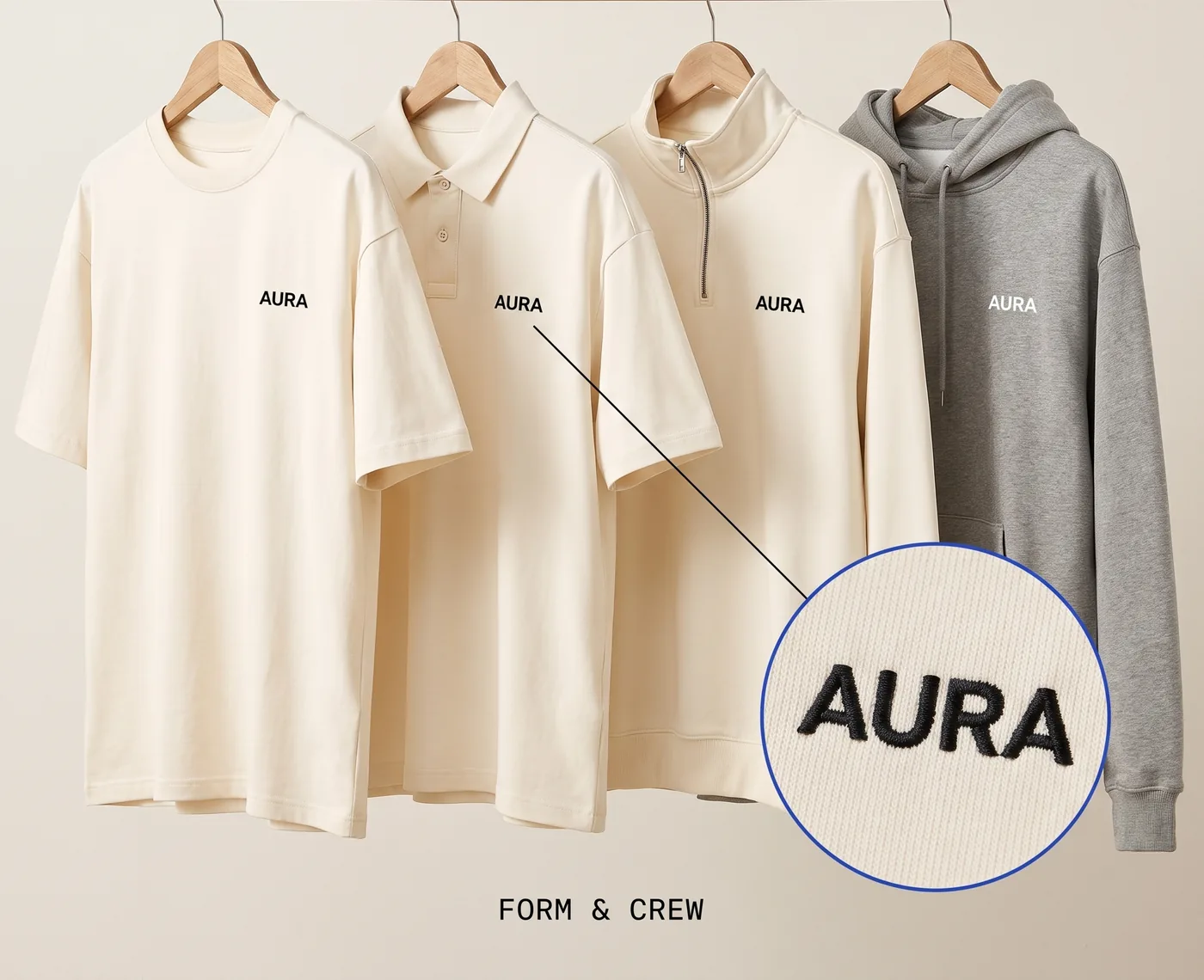 AURA uniform range on wooden hangers: tee, polo, quarter-zip and grey hoodie