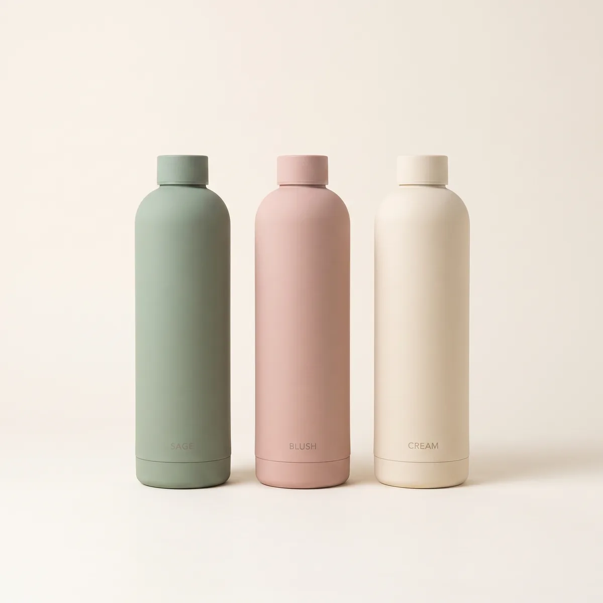 Three matte steel bottles in sage, blush and cream